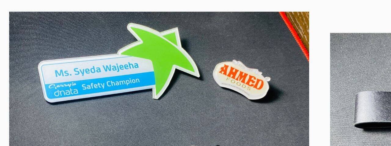 Acrylic name badges and engraved metal keychains — Karachi
